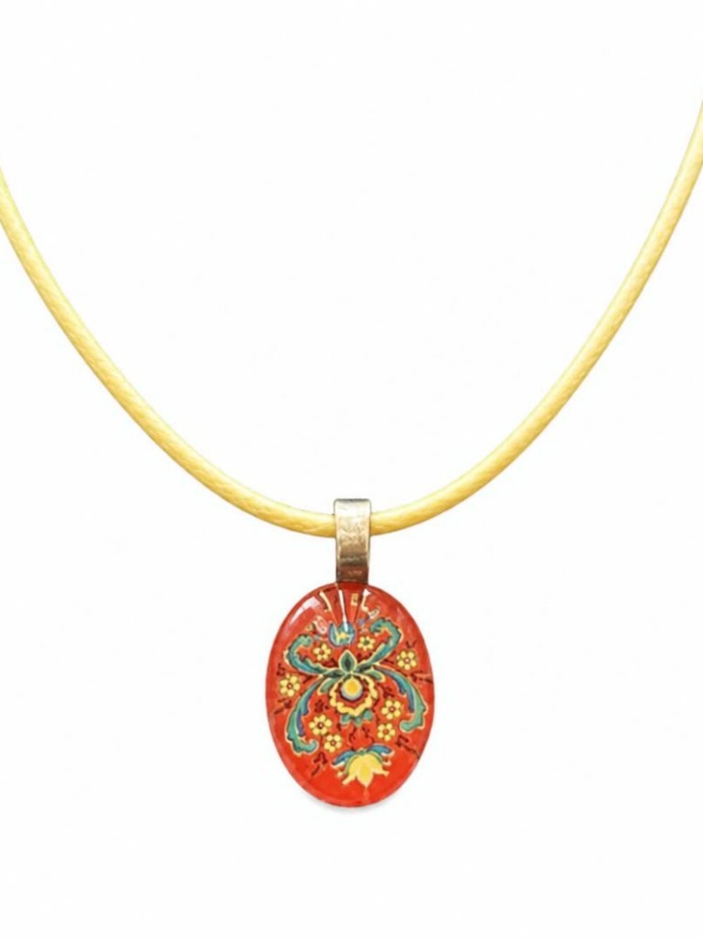 Handmade Folk Art Pendant Necklace NWT Red Floral Cabochon Boho Necklace